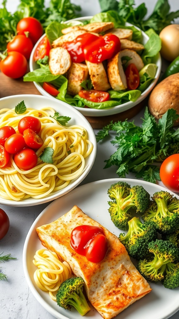 A variety of low carb meals including salad, zucchini noodles, and baked salmon.